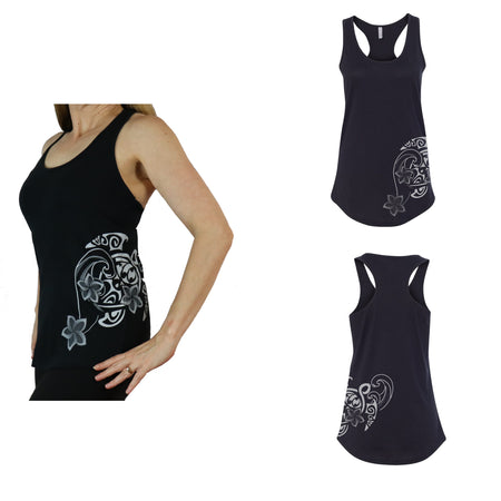Black Mesh Hawaiian Pink Hibiscus tattoo tank with a  Built in Bra and Removable Cups