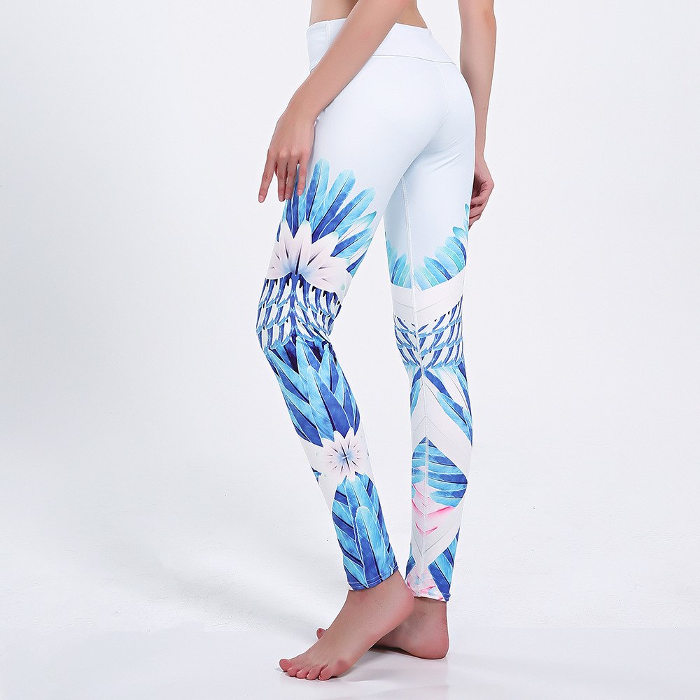 White with Blue Feathers Floral Long Yoga Pants / Leggings - sizes