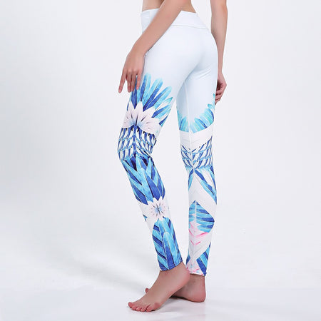 White and Blue Hawaiian Fern & Floral Long Yoga Pants / Leggings